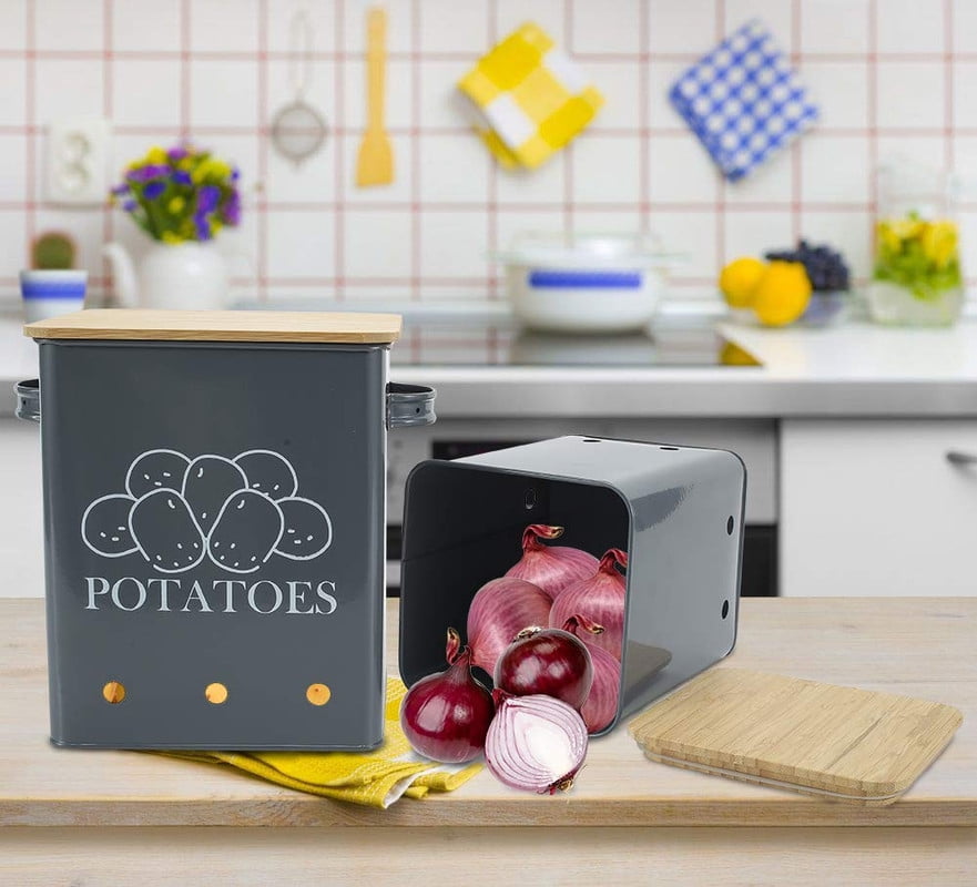 Vented Produce Canisters, Set of 2 in Powder-Coated Steel with Wooden Lids for Potatoes and Onions - Image 6