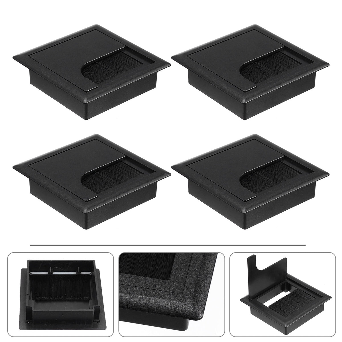 Desk Cord Grommets, Set of 4 in Black Plastic with Brush Insert and Flip Cover for Cable Holes - Image 6