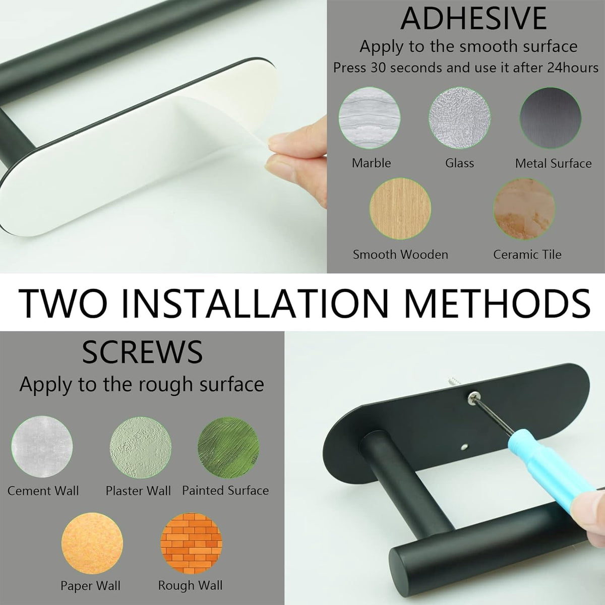 Under-Cabinet Paper Towel Rack in Matte Black Steel, Adhesive or Screw Mount with Two Hooks - Image 5