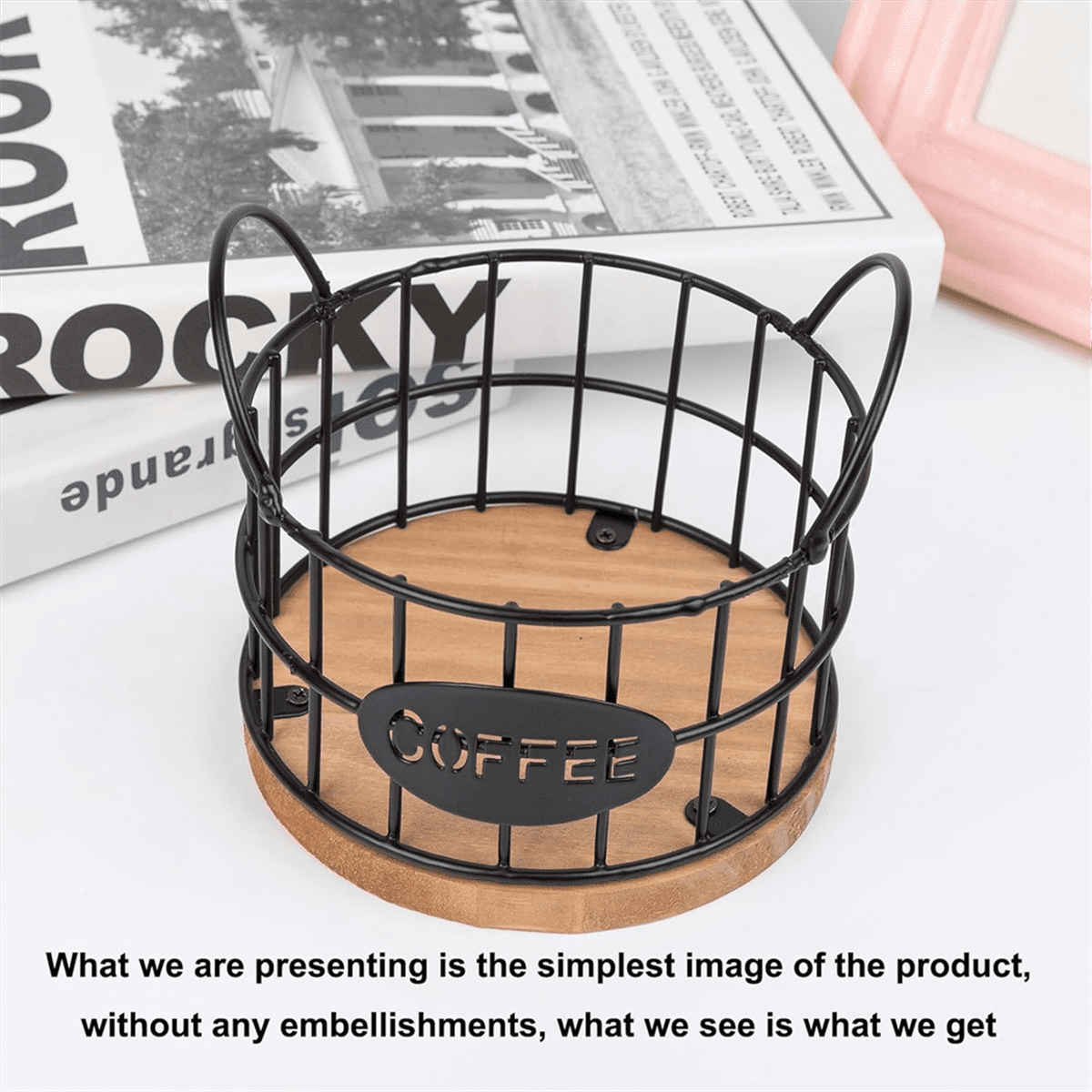 Coffee Pod Basket with Wood Base, Black Wire Holder for Single-Serve Cups on Counter or Desk - Image 6