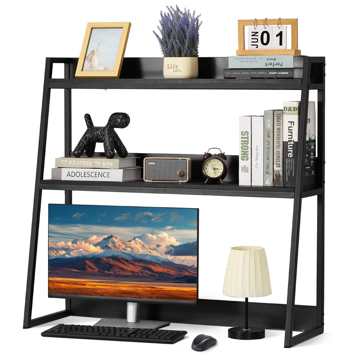 Two-Tier Desktop Hutch in Black, 37.4-Inch Wide Shelf Unit for Monitors, Books and Files - Image 4