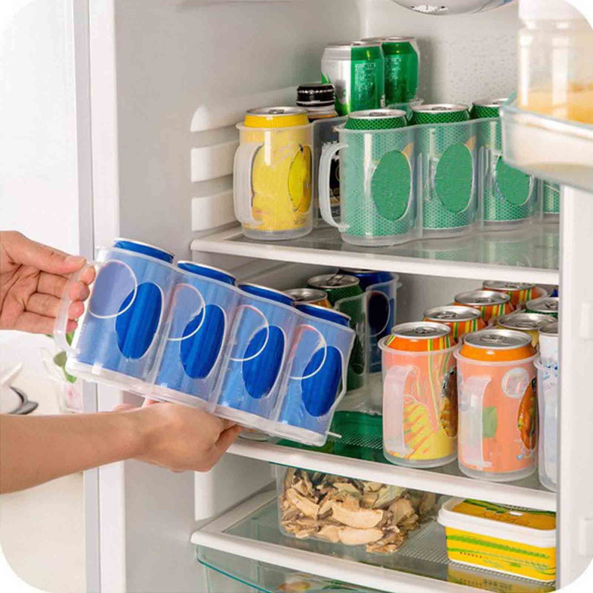 Fridge Can Rack in White Plastic, Slim Stackable Holder with Handle for Standard Drink Cans - Image 2