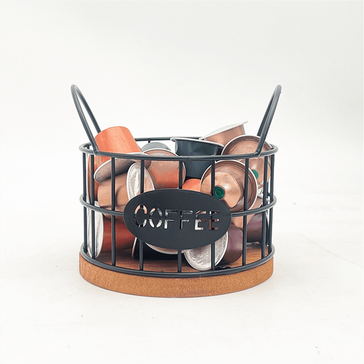 Coffee Pod Basket with Wood Base, Black Wire Holder for Single-Serve Cups on Counter or Desk - Image 3