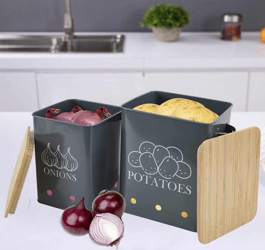 Vented Produce Canisters, Set of 2 in Powder-Coated Steel with Wooden Lids for Potatoes and Onions - Image 2