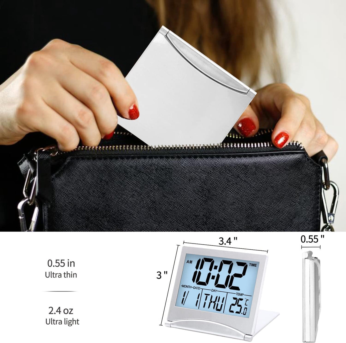 Compact Digital Travel Alarm Clock with White Backlight and Folding Cover That Doubles as Stand - Image 3