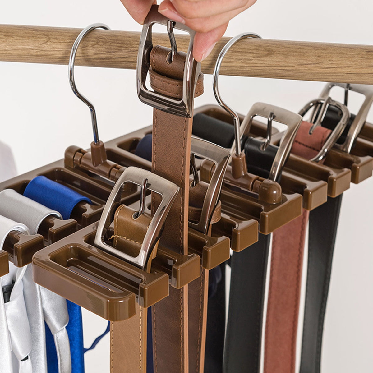 Rotating Tie and Belt Hanger, Set of 2 in Brown, Closet Rod Rack Holding Up to 10 Accessories - Image 5