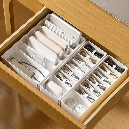 White Plastic Cable Storage Box with Removable Dividers for Chargers, Headphones and Power Cords - Image 2