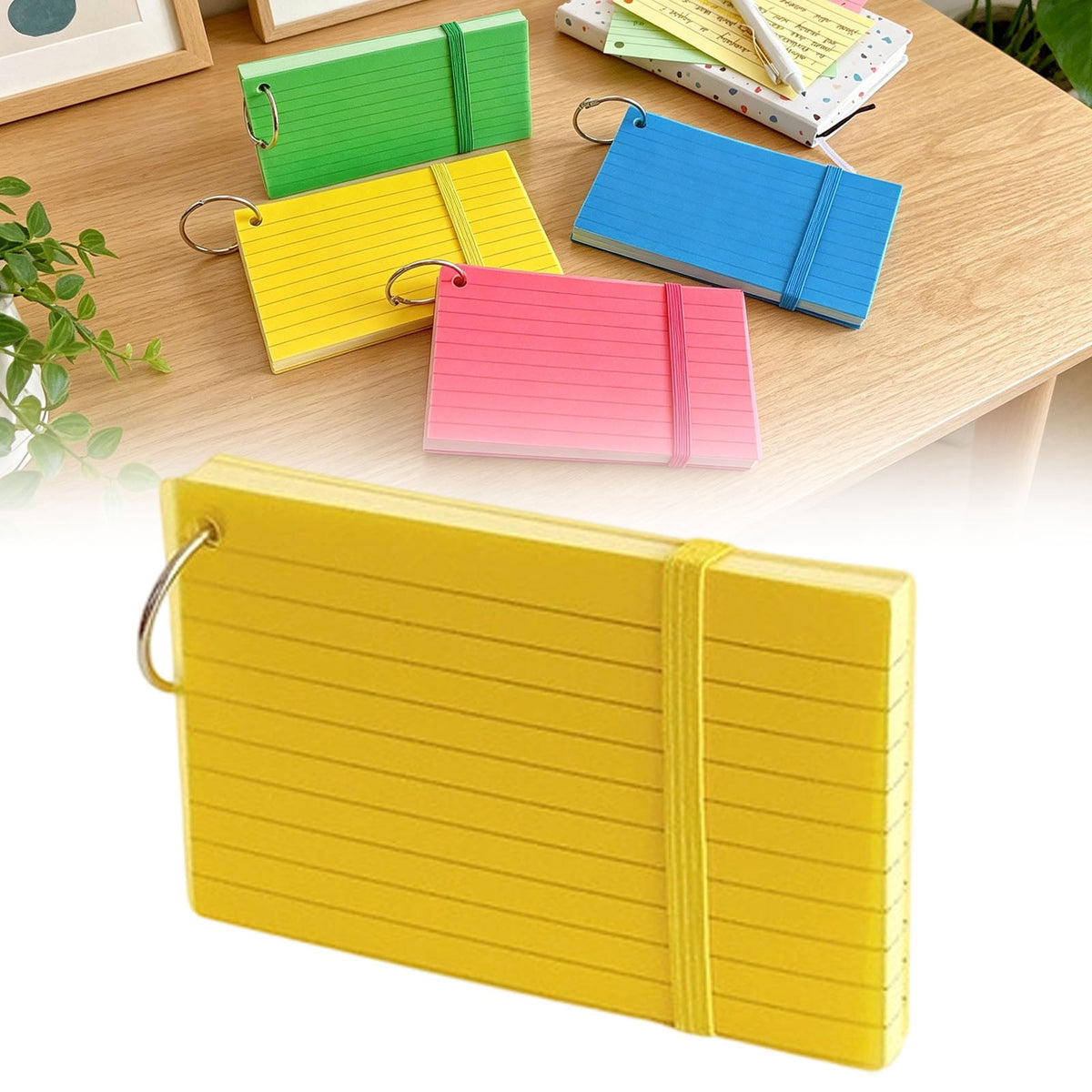 Ruled Flash Cards on a Metal Ring, 4.96 x 2.99 Inch Yellow Note Cards with Plastic Cover - Image 2