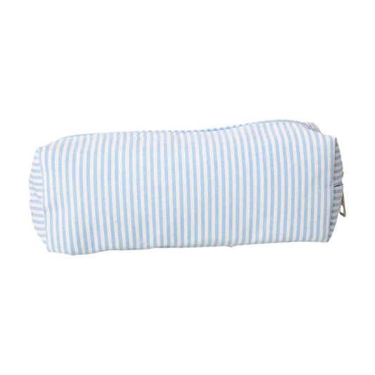 Striped Cloth Pencil Pouch in Light Blue, Roomy Case for Pens, Makeup Brushes and Small Items