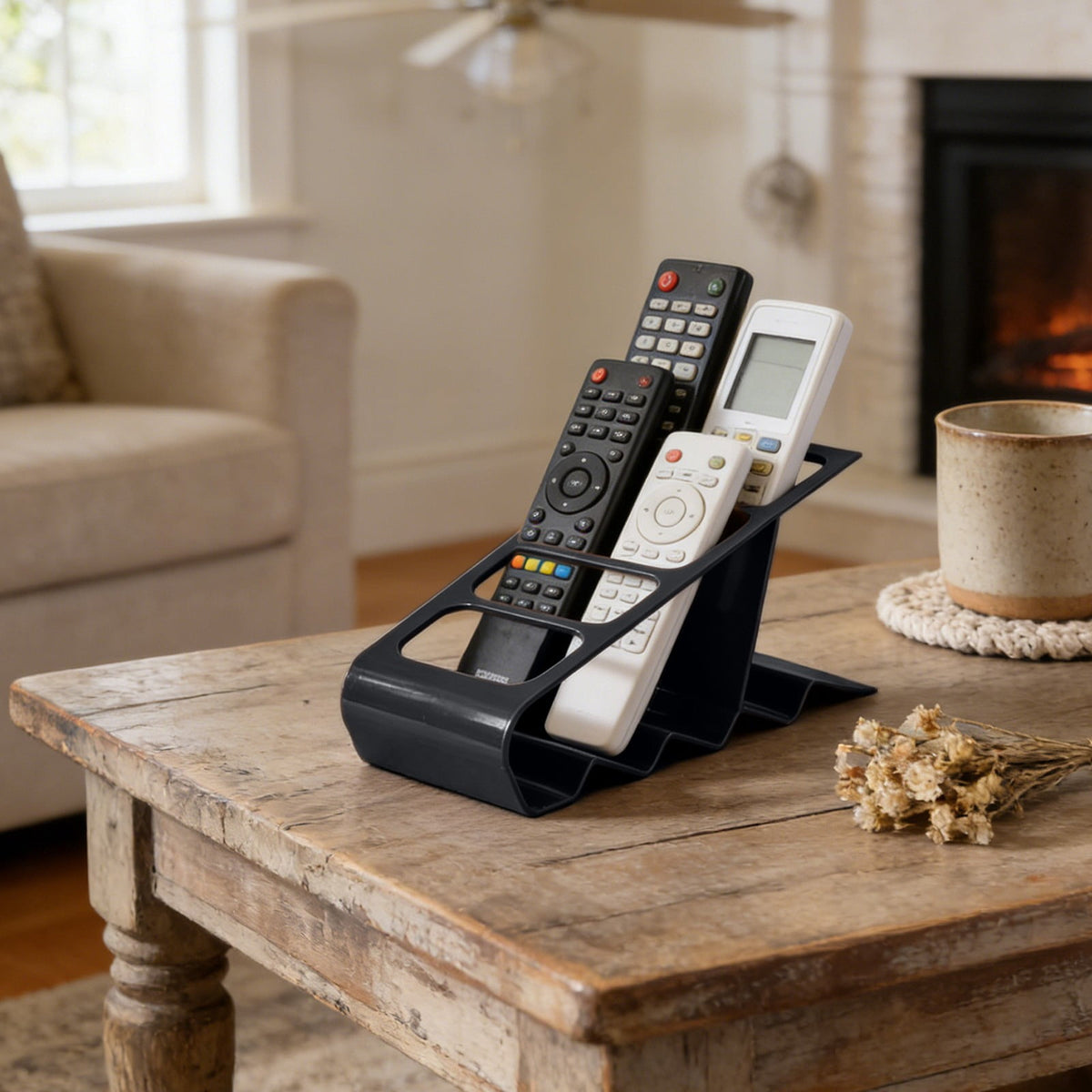Four-Slot Remote Control Caddy in Black Plastic, Compact Desktop Holder for Controllers and Pens - Image 2