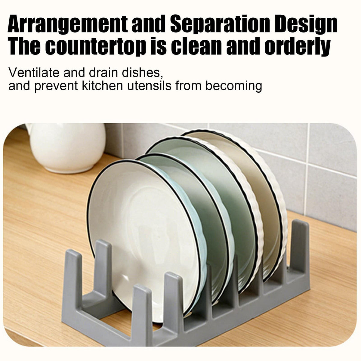 Countertop Lid and Plate Rack with Drip Tray, 11-Inch Gray Plastic Stand for Cutting Boards - Image 5