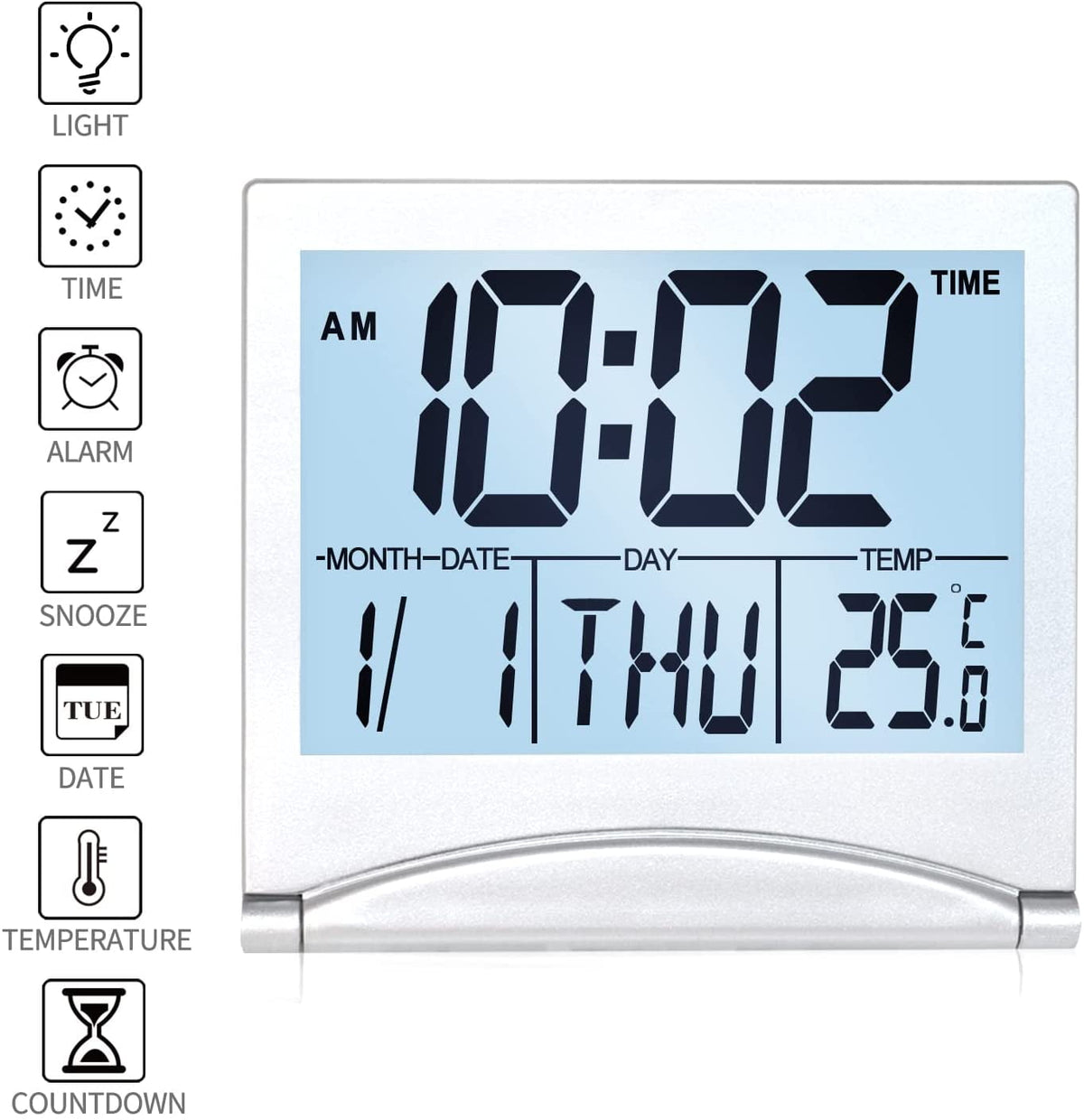 Compact Digital Travel Alarm Clock with White Backlight and Folding Cover That Doubles as Stand - Image 4