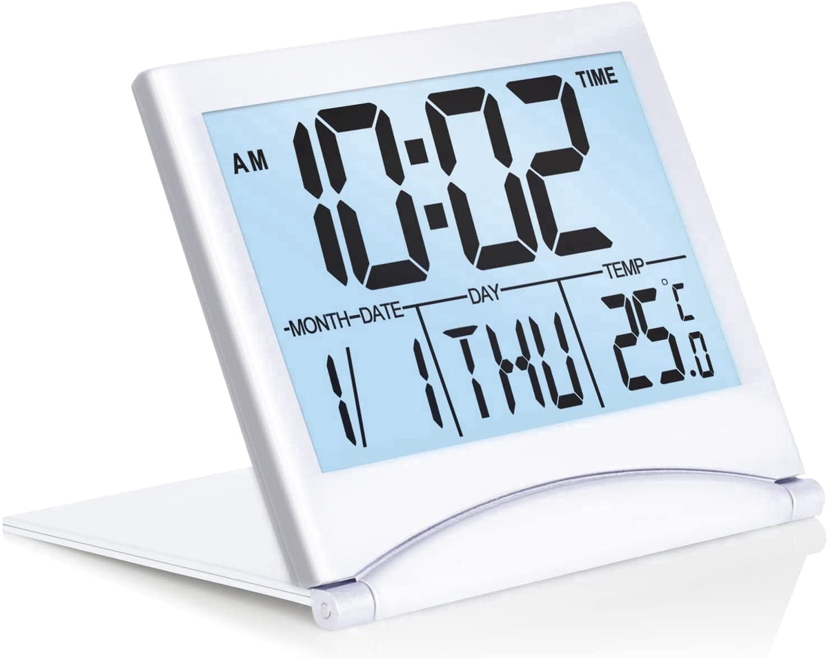Compact Digital Travel Alarm Clock with White Backlight and Folding Cover That Doubles as Stand