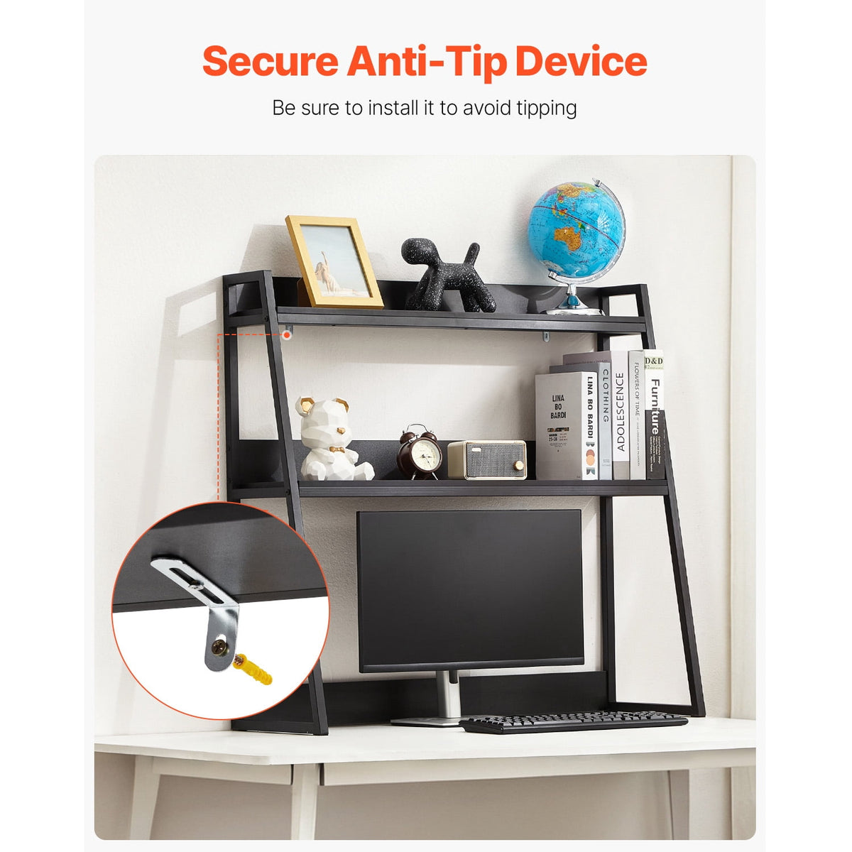 Two-Tier Desktop Hutch in Black, 37.4-Inch Wide Shelf Unit for Monitors, Books and Files - Image 6