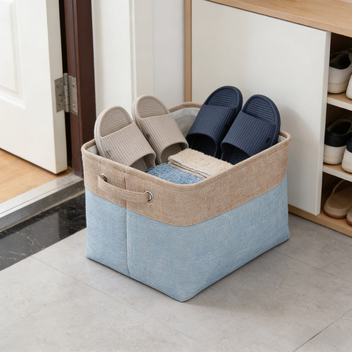 Collapsible Flax Fabric Storage Basket in Blue, Rectangular Bin with Handles for Clothes and Toys - Image 6