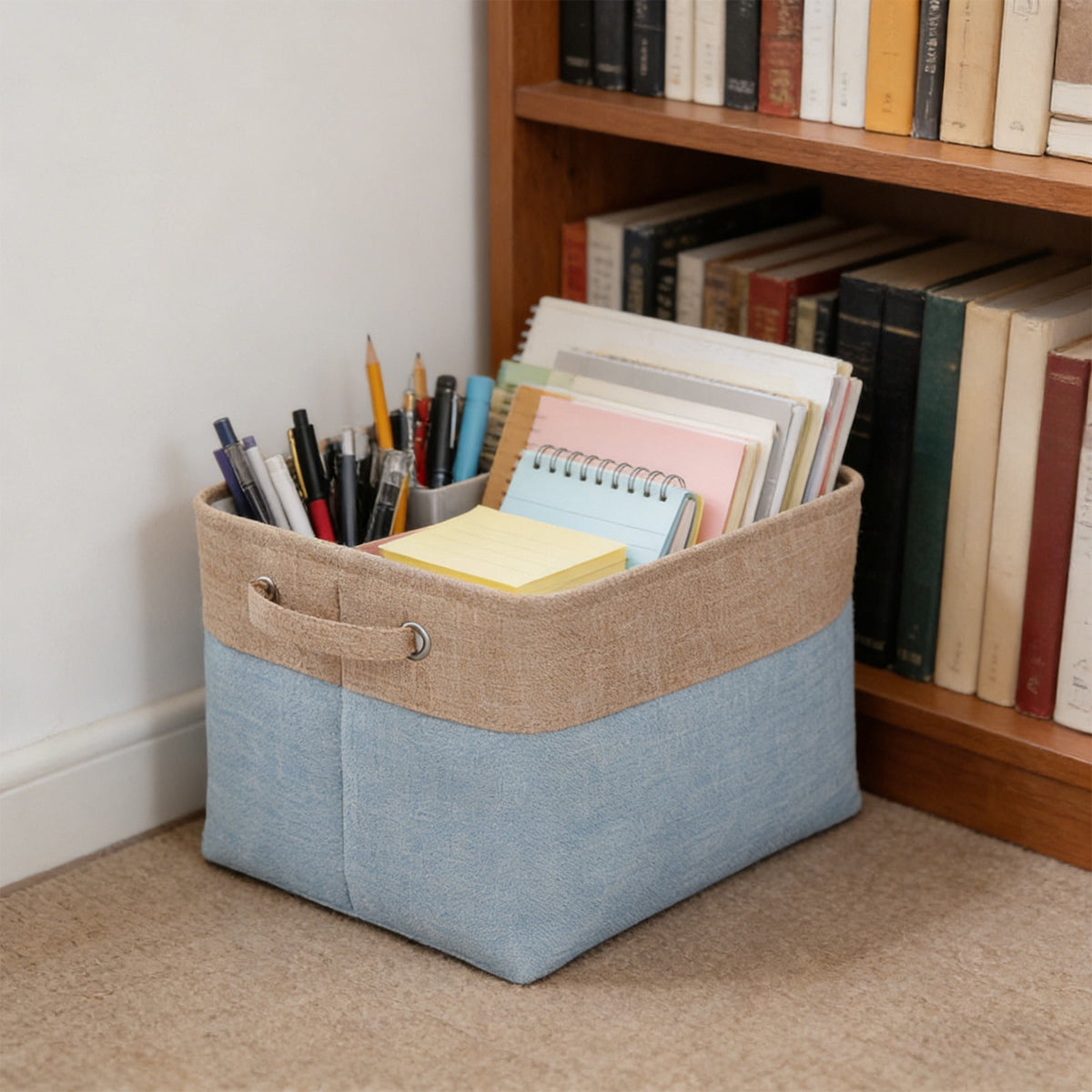 Collapsible Flax Fabric Storage Basket in Blue, Rectangular Bin with Handles for Clothes and Toys - Image 2