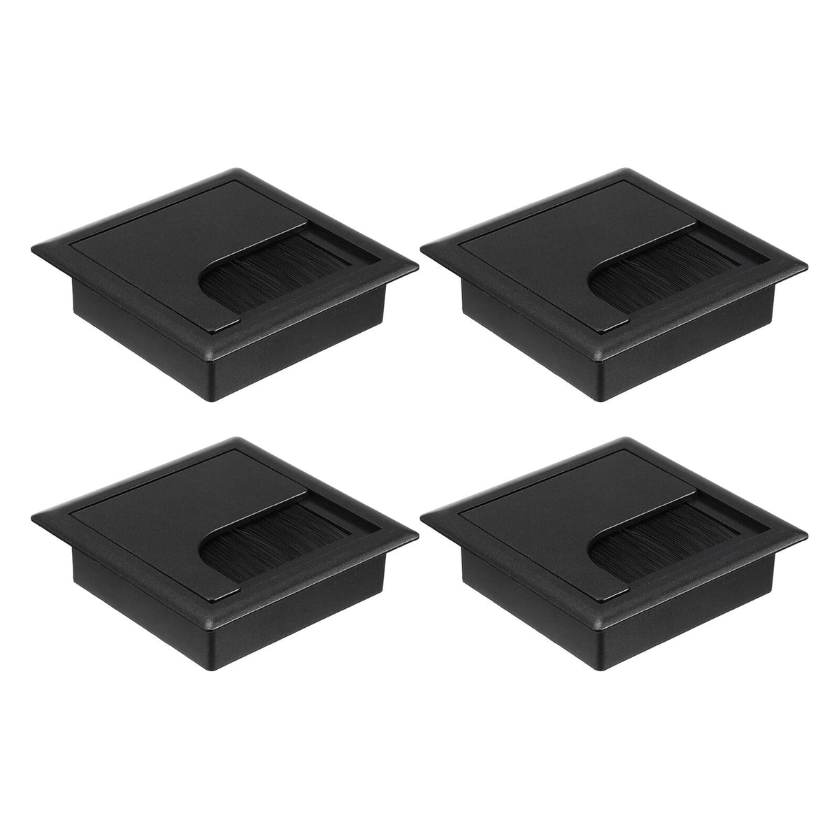 Desk Cord Grommets, Set of 4 in Black Plastic with Brush Insert and Flip Cover for Cable Holes