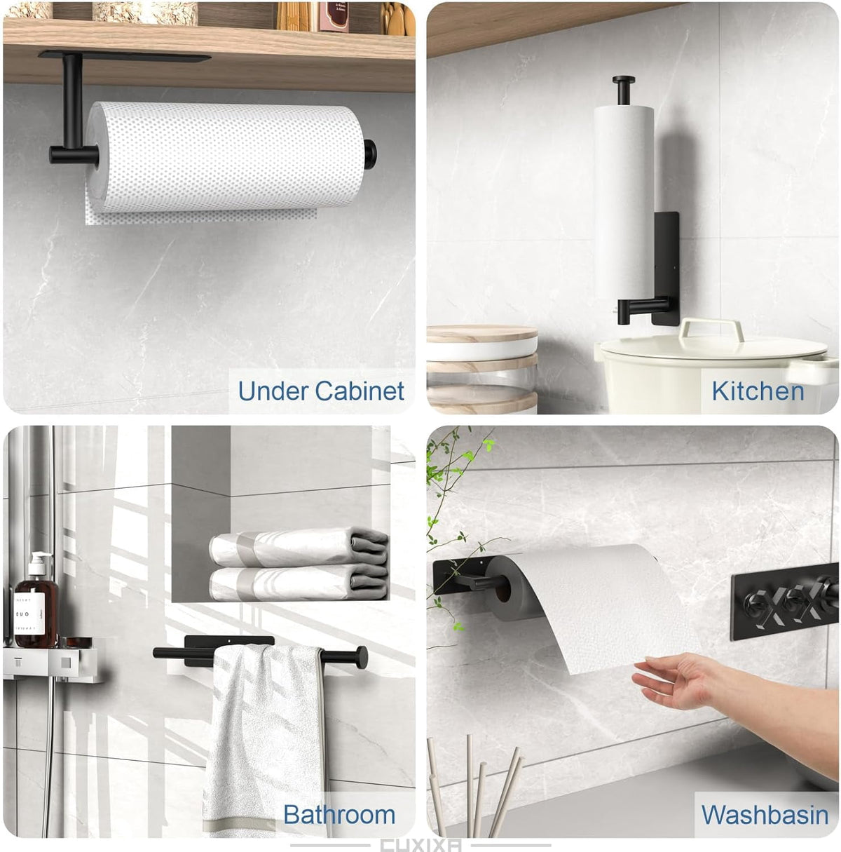 Under-Cabinet Paper Towel Rack in Matte Black Steel, Adhesive or Screw Mount with Two Hooks - Image 4
