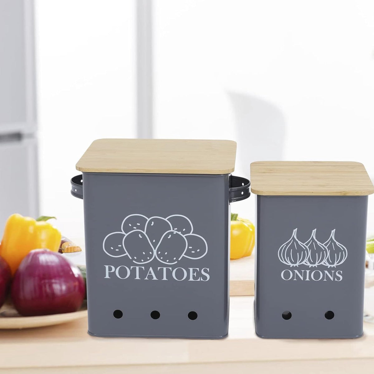 Vented Produce Canisters, Set of 2 in Powder-Coated Steel with Wooden Lids for Potatoes and Onions - Image 4