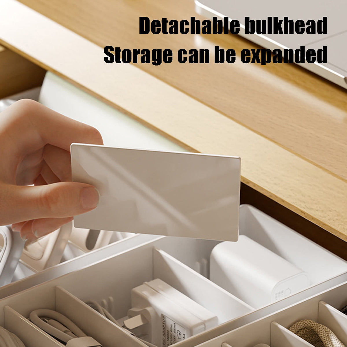 White Plastic Cable Storage Box with Removable Dividers for Chargers, Headphones and Power Cords - Image 6