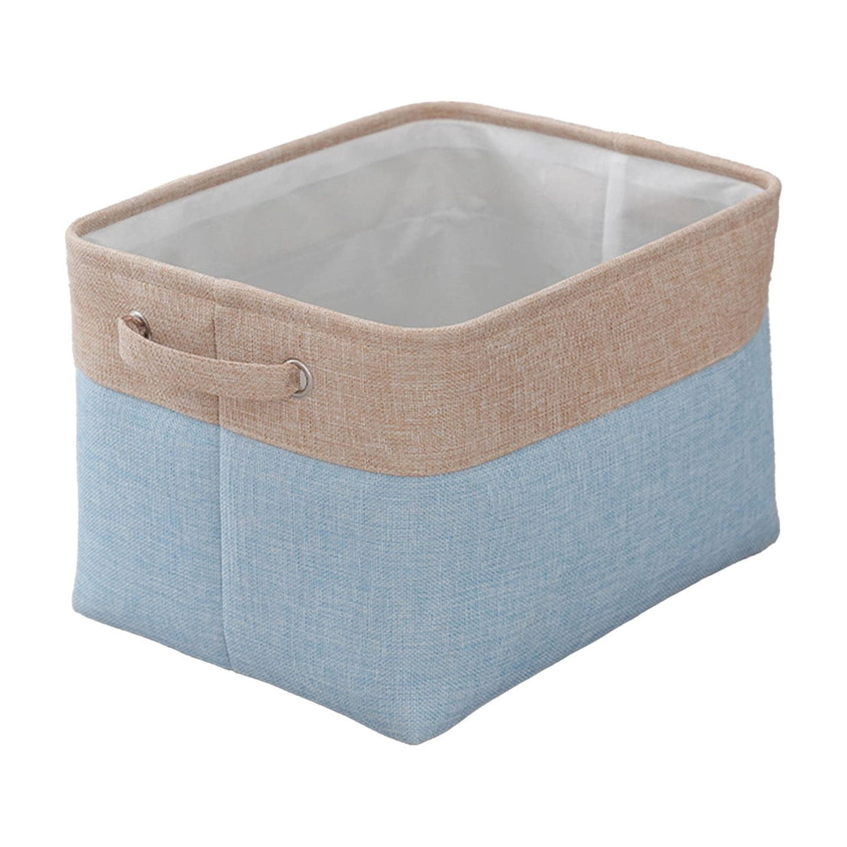 Collapsible Flax Fabric Storage Basket in Blue, Rectangular Bin with Handles for Clothes and Toys