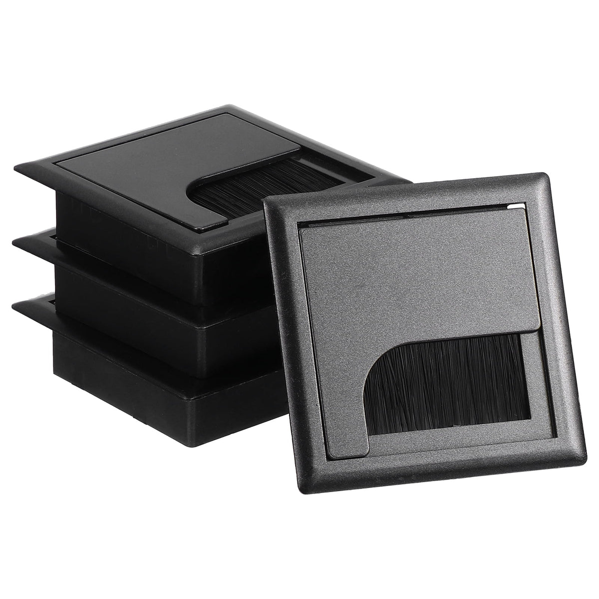 Desk Cord Grommets, Set of 4 in Black Plastic with Brush Insert and Flip Cover for Cable Holes - Image 2