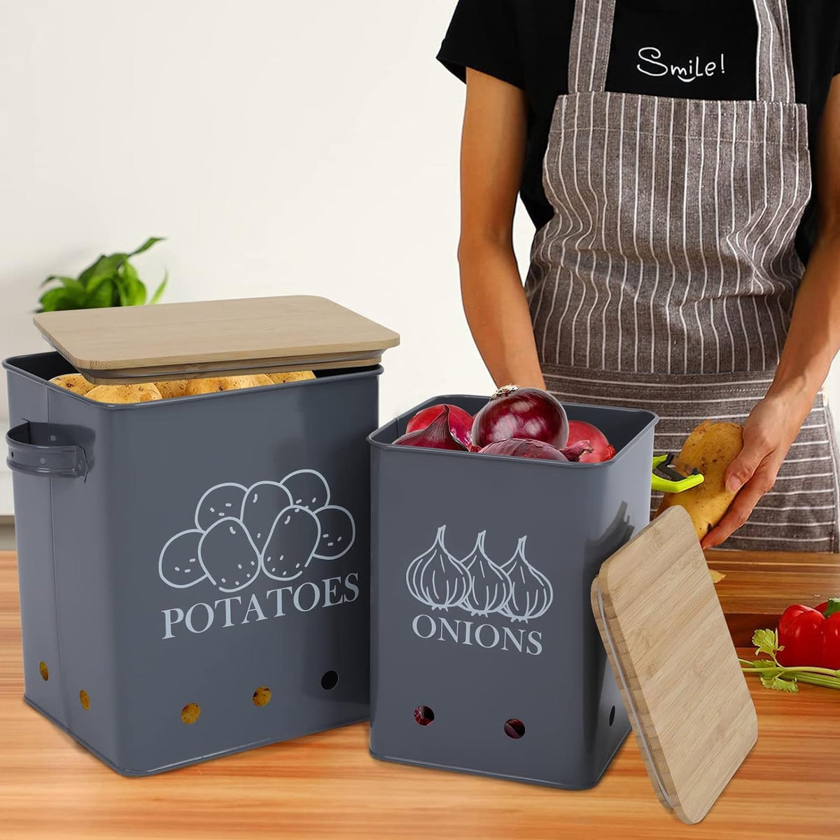 Vented Produce Canisters, Set of 2 in Powder-Coated Steel with Wooden Lids for Potatoes and Onions - Image 5