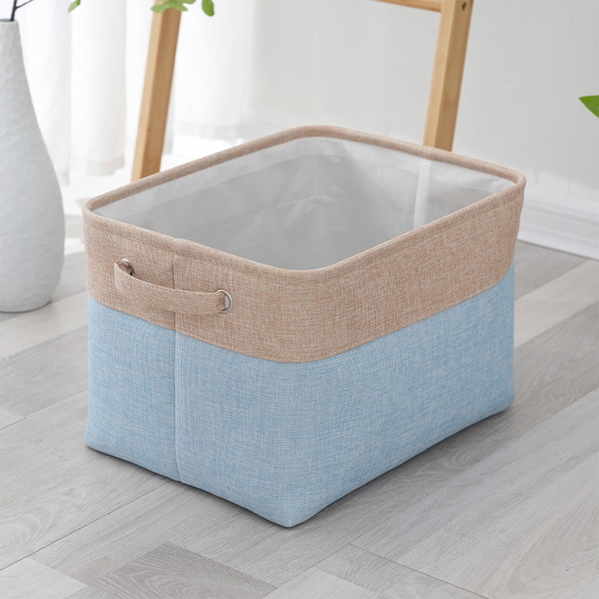 Collapsible Flax Fabric Storage Basket in Blue, Rectangular Bin with Handles for Clothes and Toys - Image 4