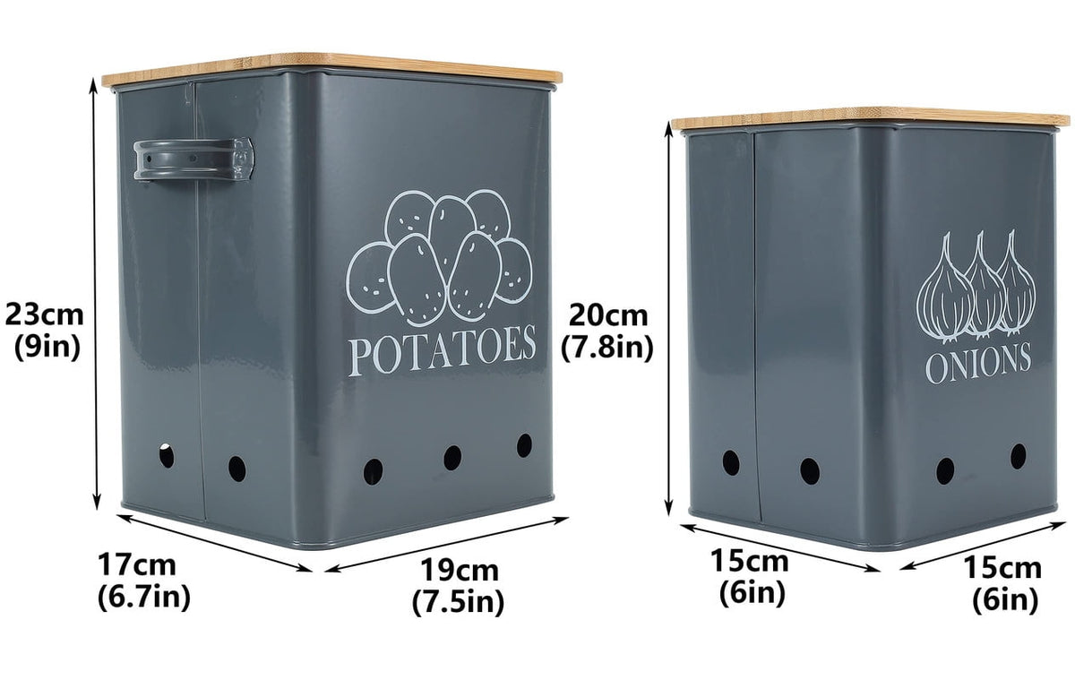 Vented Produce Canisters, Set of 2 in Powder-Coated Steel with Wooden Lids for Potatoes and Onions - Image 3