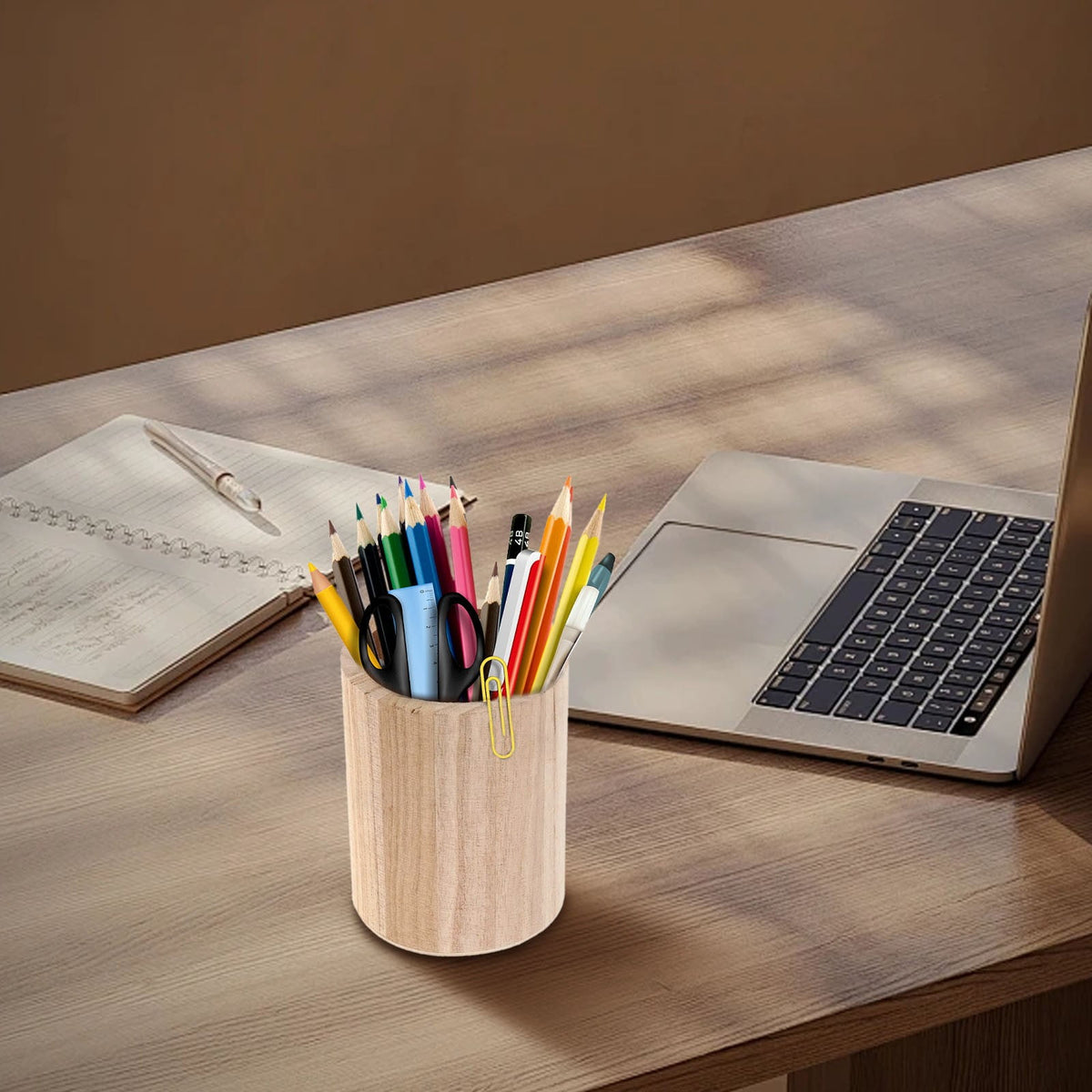 Round Natural Wood Pencil Cup, Solid Desk Holder for Pens, Markers and Stationery - Image 6