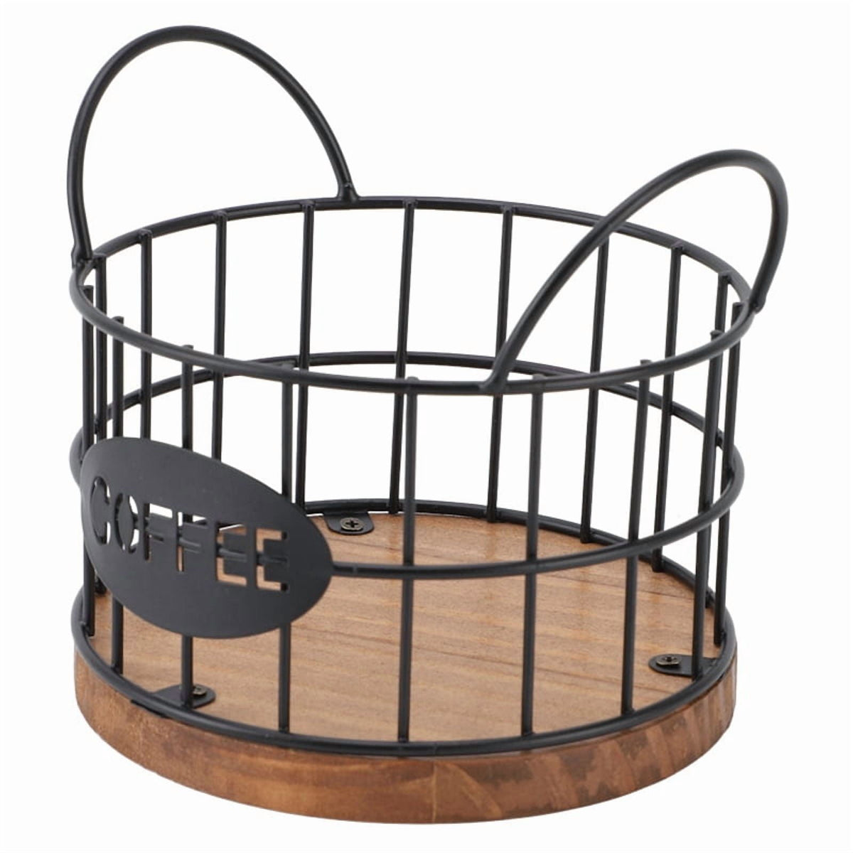 Coffee Pod Basket with Wood Base, Black Wire Holder for Single-Serve Cups on Counter or Desk