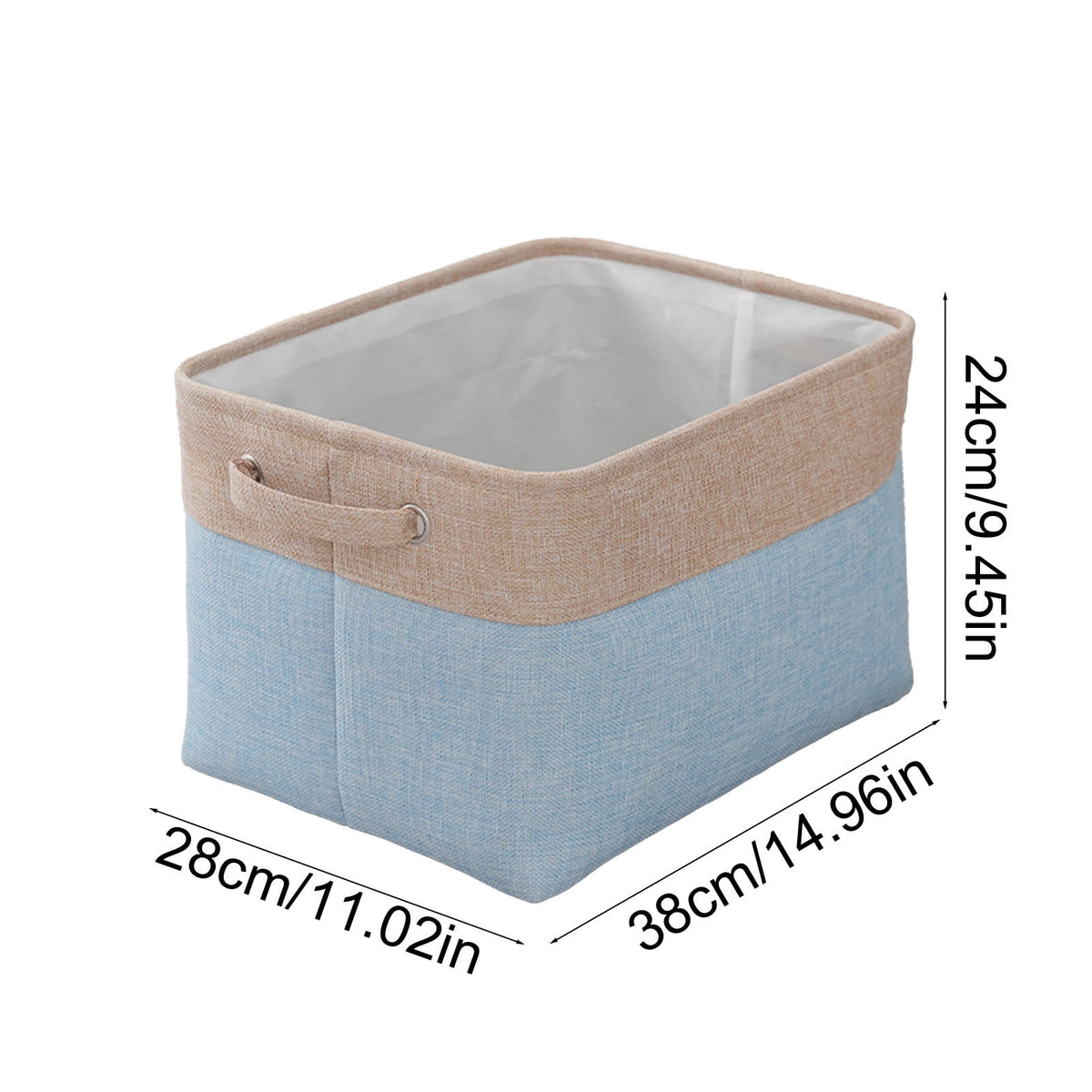 Collapsible Flax Fabric Storage Basket in Blue, Rectangular Bin with Handles for Clothes and Toys - Image 3