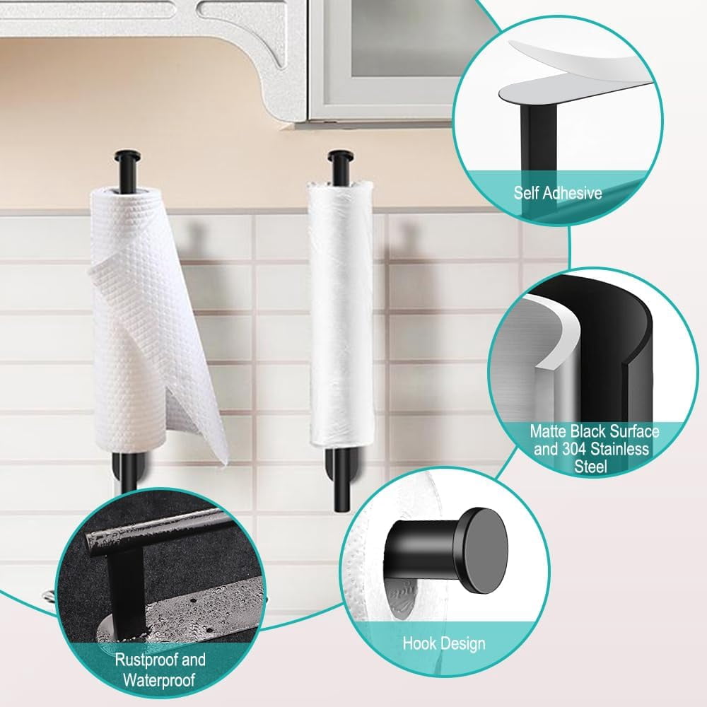 Under-Cabinet Paper Towel Rack in Matte Black Steel, Adhesive or Screw Mount with Two Hooks - Image 3