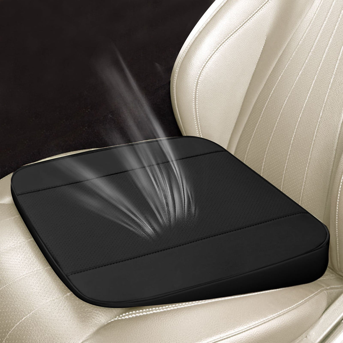 Raised Driver Seat Cushion with 2-Inch Lift, Perforated Leather Pad with Front Pocket and Grip Base - Image 2