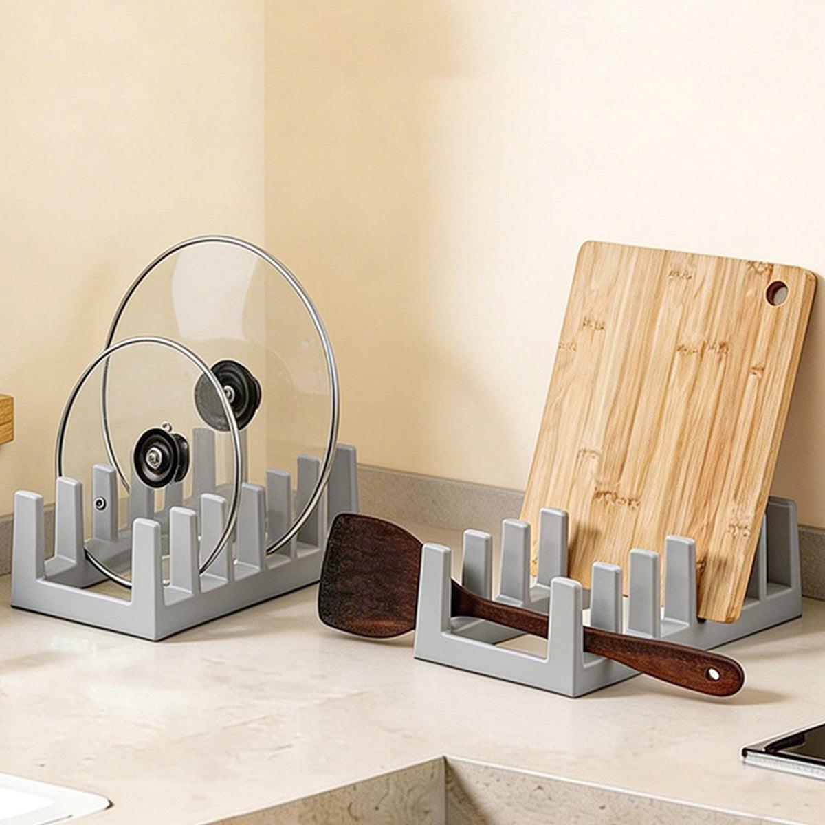 Countertop Lid and Plate Rack with Drip Tray, 11-Inch Gray Plastic Stand for Cutting Boards - Image 4