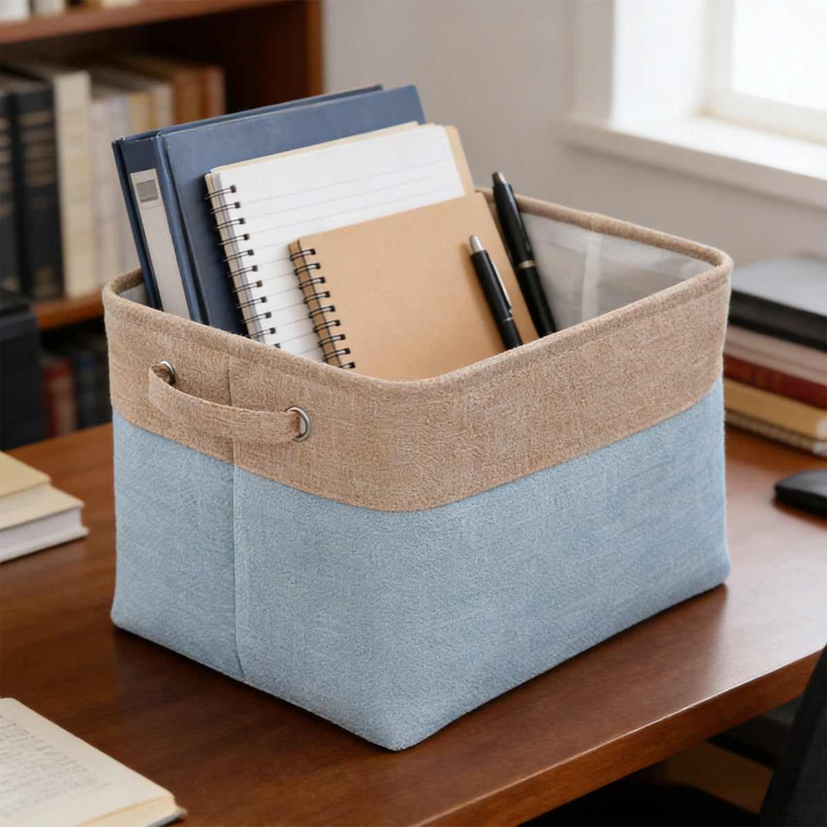 Collapsible Flax Fabric Storage Basket in Blue, Rectangular Bin with Handles for Clothes and Toys - Image 5
