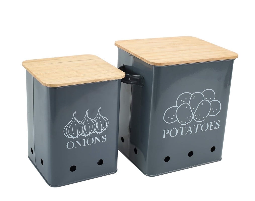 Vented Produce Canisters, Set of 2 in Powder-Coated Steel with Wooden Lids for Potatoes and Onions