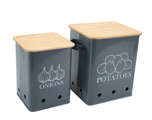 Vented Produce Canisters, Set of 2 in Powder-Coated Steel with Wooden Lids for Potatoes and Onions