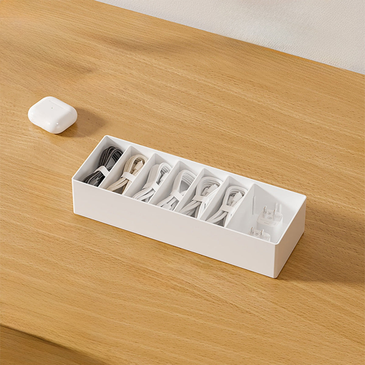 White Plastic Cable Storage Box with Removable Dividers for Chargers, Headphones and Power Cords - Image 5