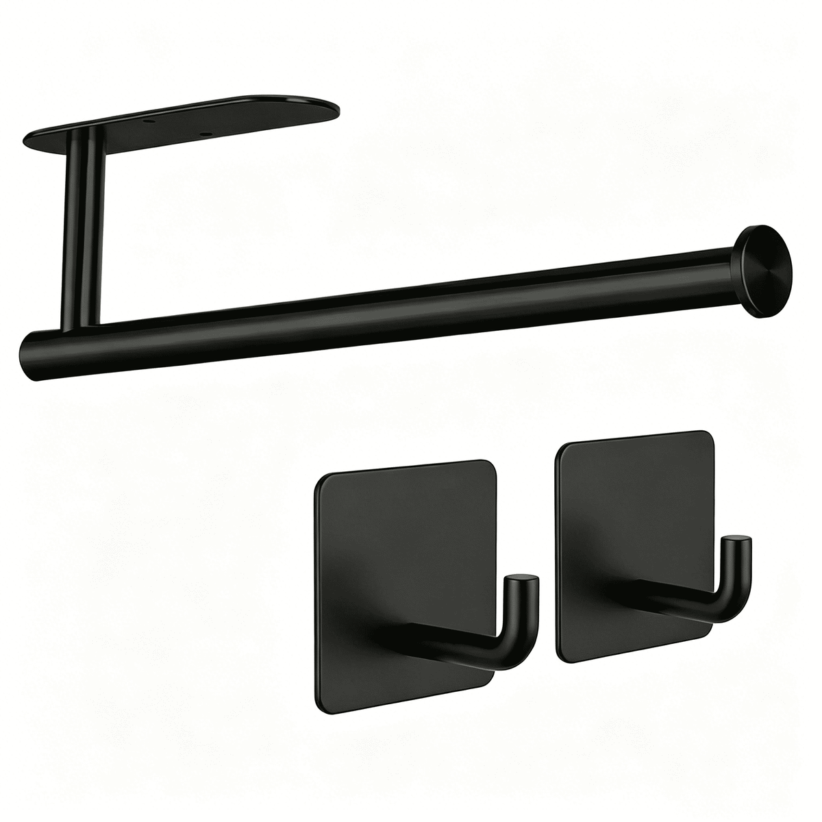 Under-Cabinet Paper Towel Rack in Matte Black Steel, Adhesive or Screw Mount with Two Hooks