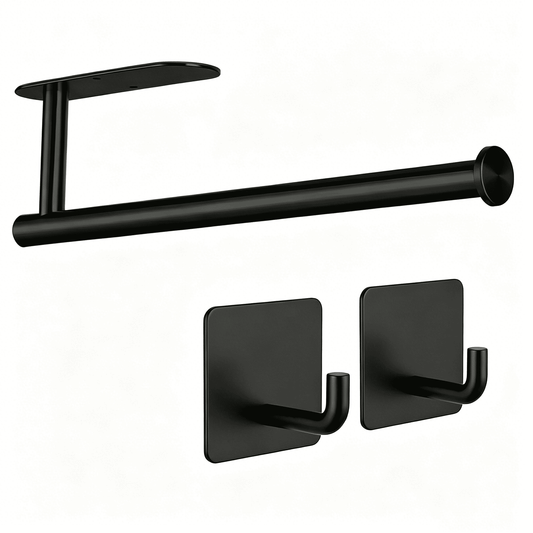 Under-Cabinet Paper Towel Rack in Matte Black Steel, Adhesive or Screw Mount with Two Hooks