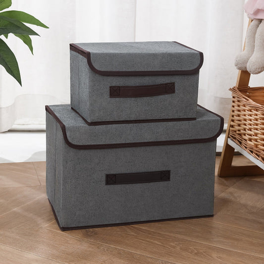 Foldable Fabric Storage Boxes with Lids, Set of 2 in Large and Small, Gray Bins with Carry Handles - Image 2