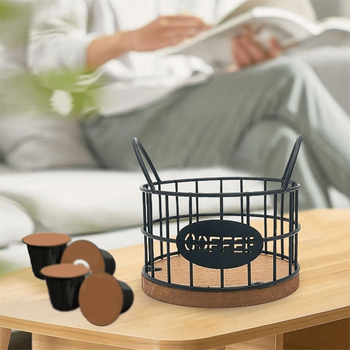 Coffee Pod Basket with Wood Base, Black Wire Holder for Single-Serve Cups on Counter or Desk - Image 5
