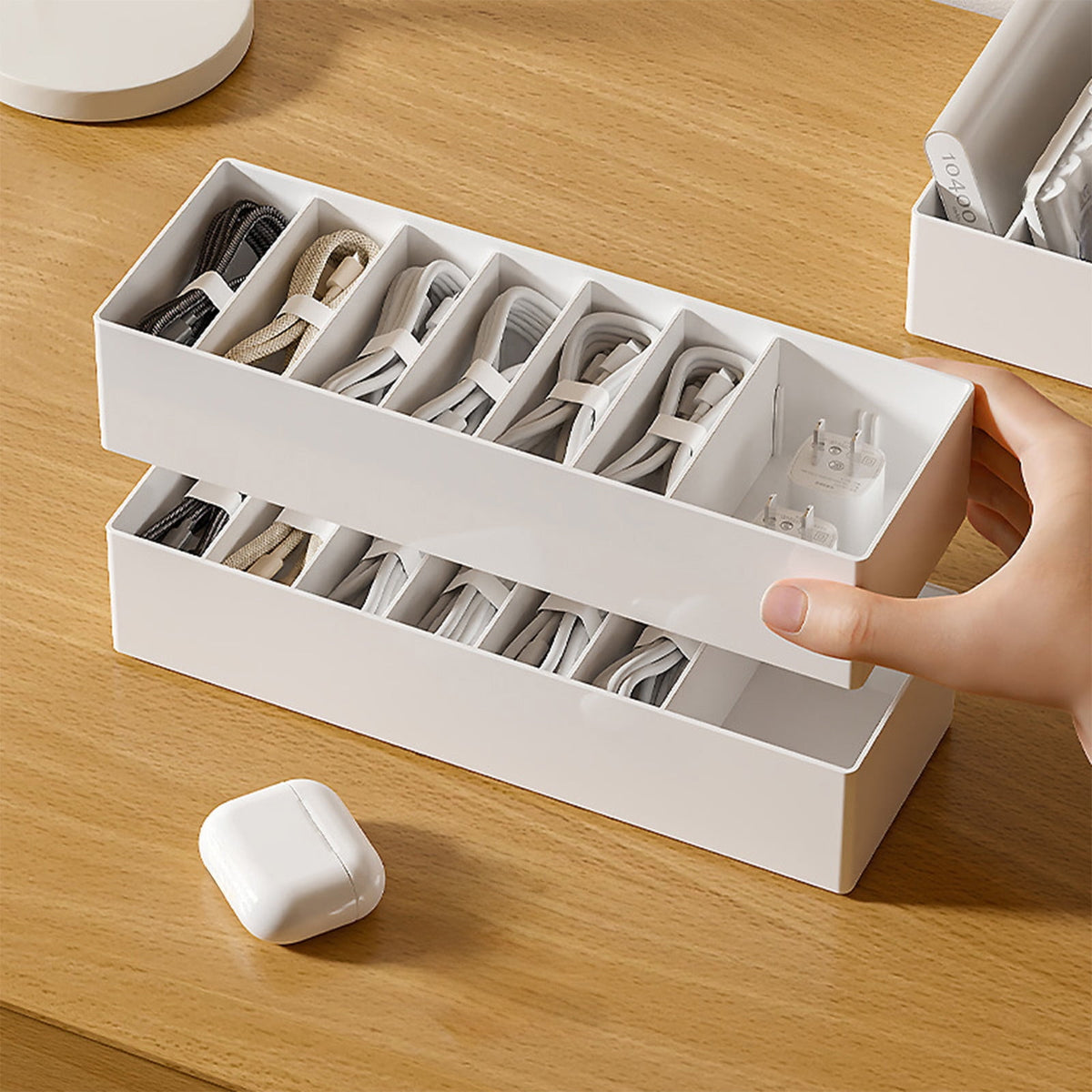 White Plastic Cable Storage Box with Removable Dividers for Chargers, Headphones and Power Cords - Image 4