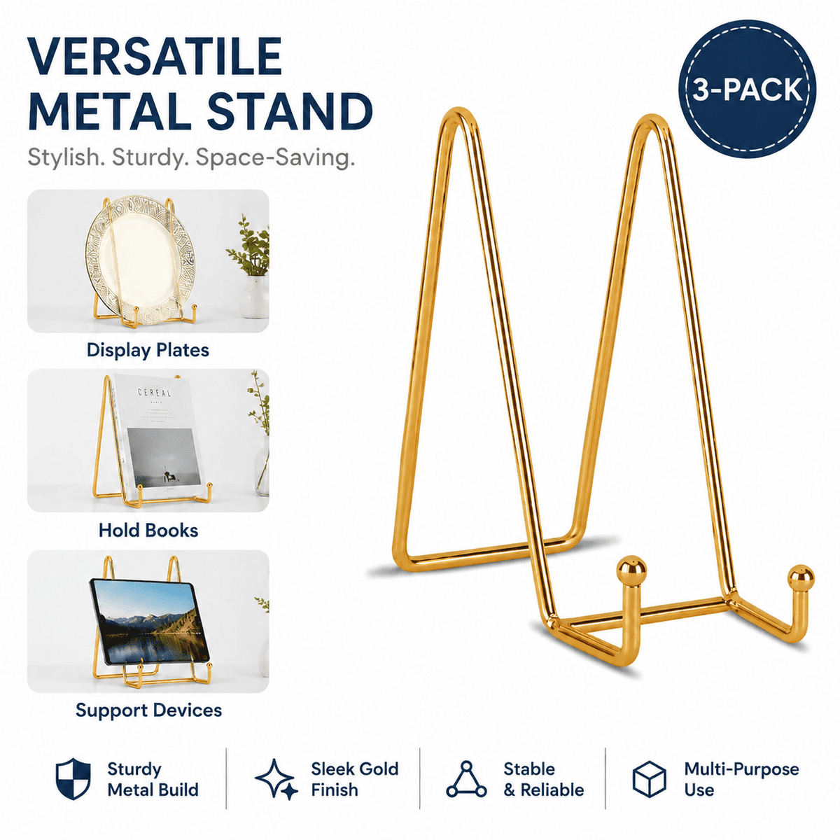 Small Metal Display Easels, Set of 3 in Polished Gold for Plates, Photos, Books and Art - Image 5