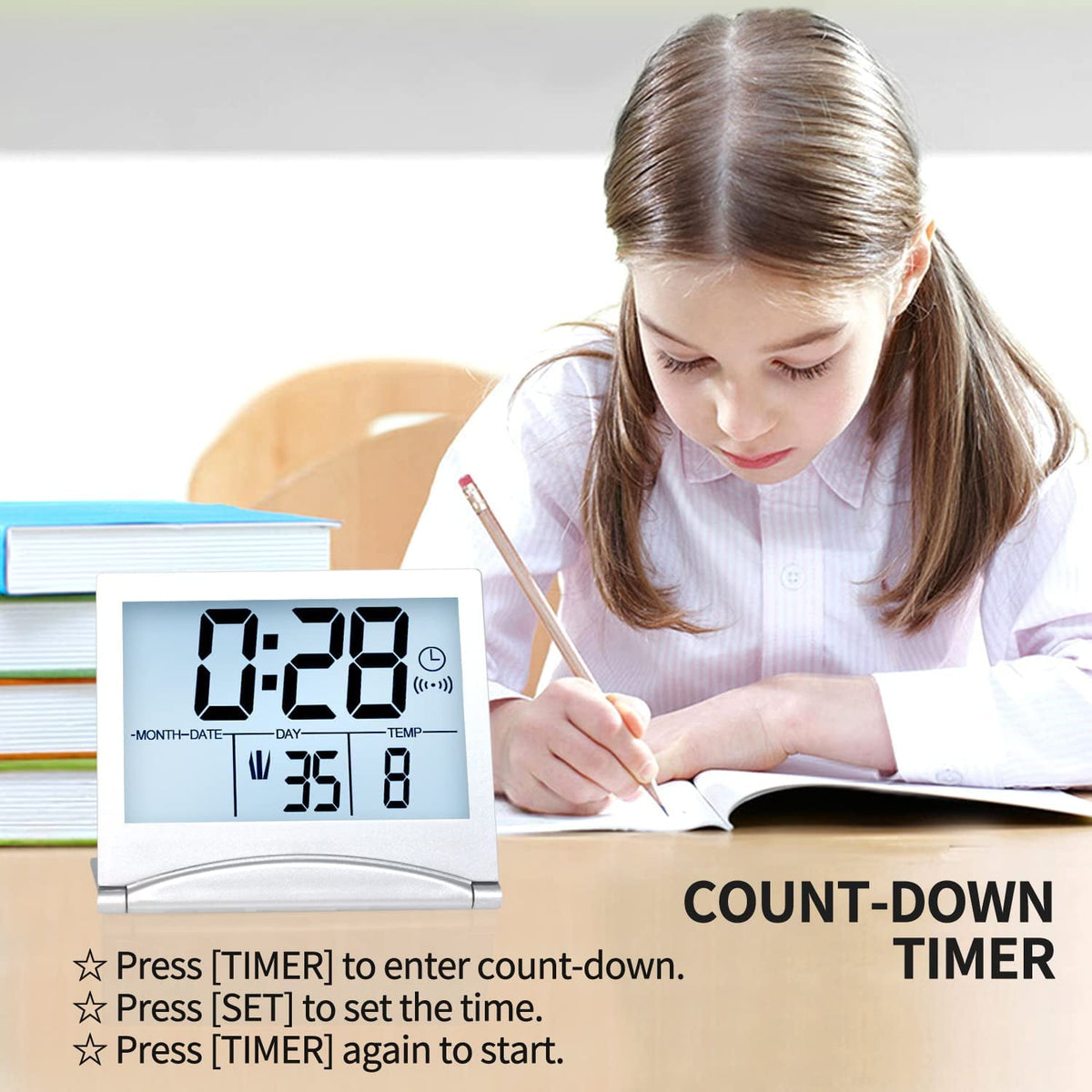 Compact Digital Travel Alarm Clock with White Backlight and Folding Cover That Doubles as Stand - Image 5
