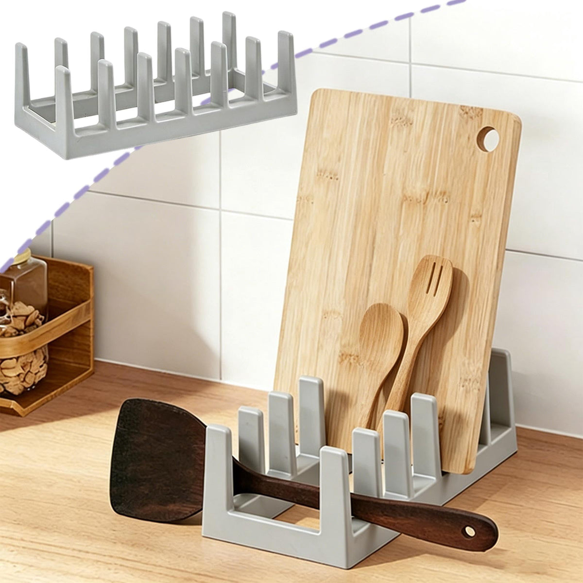 Countertop Lid and Plate Rack with Drip Tray, 11-Inch Gray Plastic Stand for Cutting Boards - Image 2