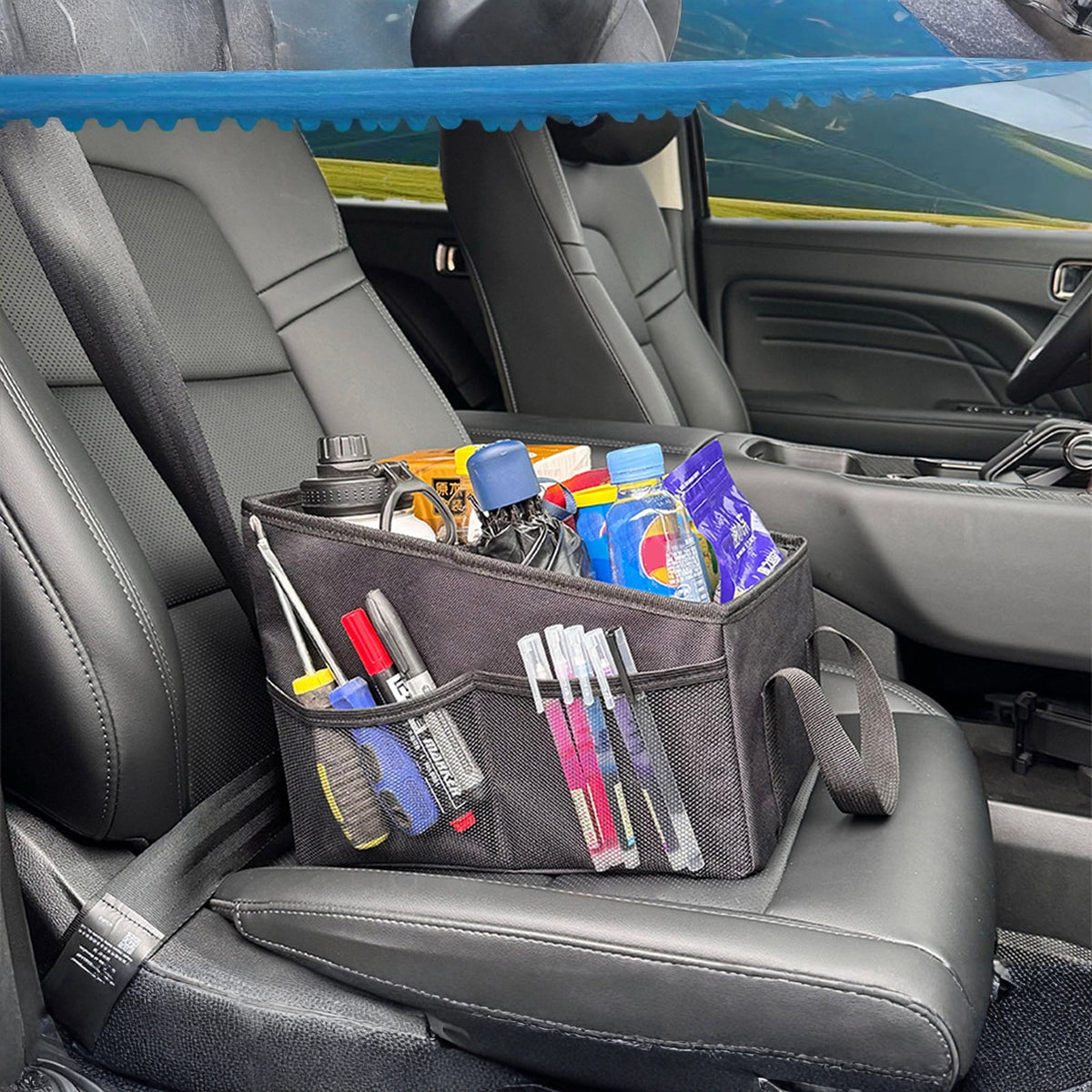 Collapsible Car Seat Caddy with 4 Cup Holders, Woven Fabric Organizer for Front or Back Seat - Image 2