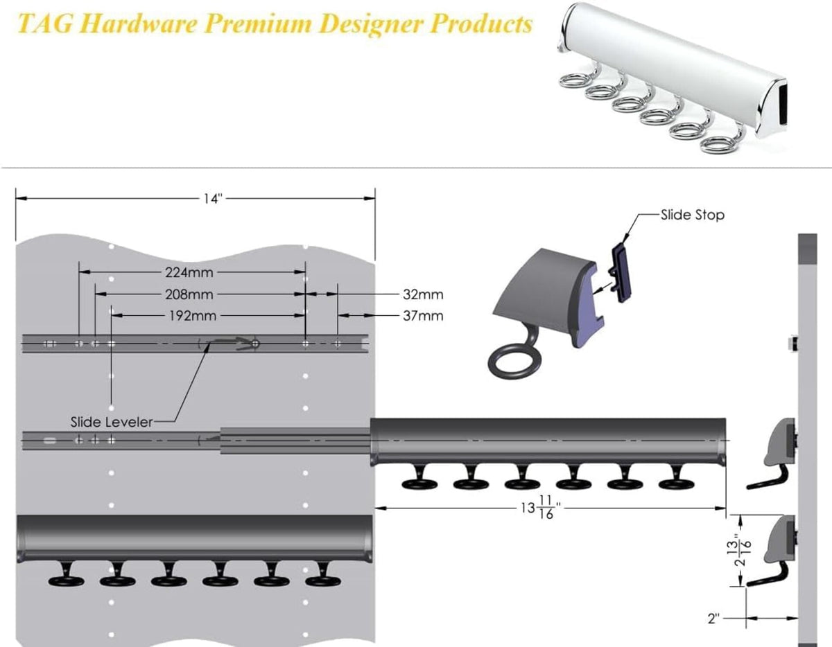 Pull-Out Closet Scarf Rack with 6 Rings, Anodized Aluminum Full-Extension Slide for Wardrobe Panels - Image 2