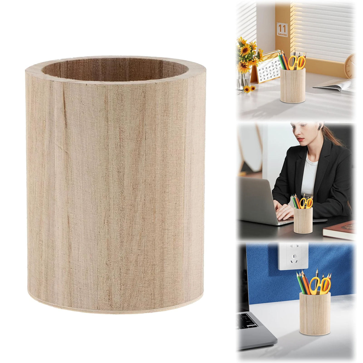 Round Natural Wood Pencil Cup, Solid Desk Holder for Pens, Markers and Stationery - Image 2